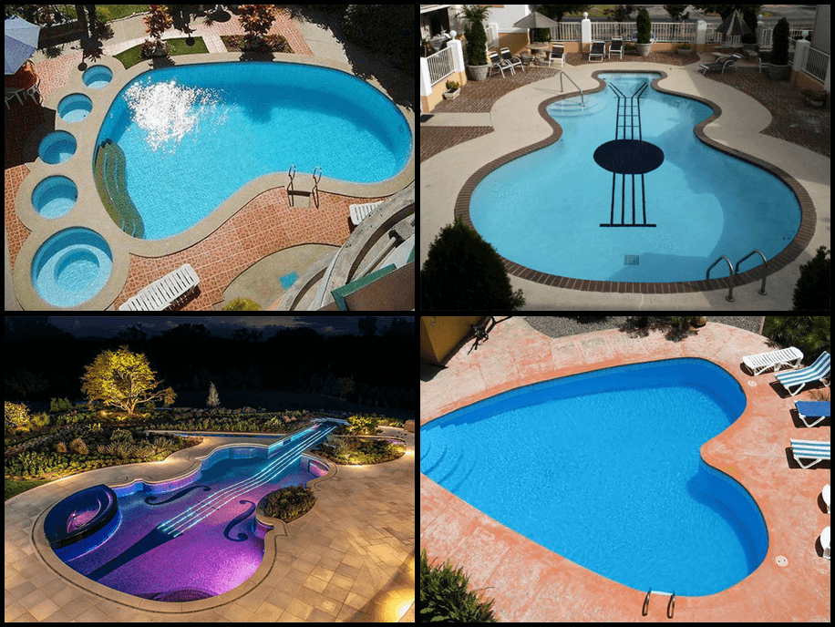 Cuatro fotos de piscinas con formas curiosas: una guitarra. un pie, un corazón...