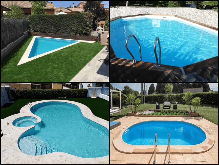 4 fotos de piscina con formas no comunes: triángulo, redondeada, hexagonal y alargada con curvas